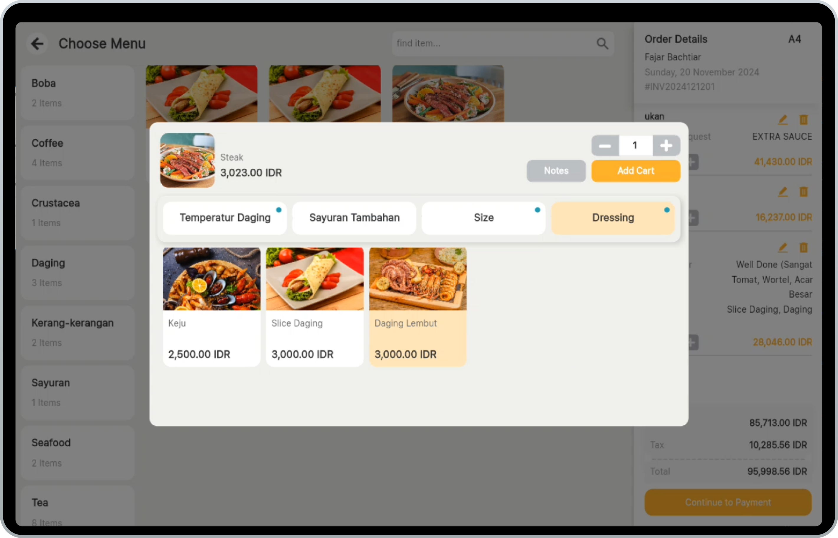Mobile POS Restaurant dashboard with the new order dialog